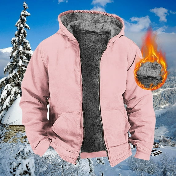BiZtdJrK Fleece Lined Hooded Jacket for Men Full Zip Long Sleeve Warm Jackets Soft Comfy Winter Casual Coat Solid Heavyweight Jackets Sale Of The Day Prime Today Pink L