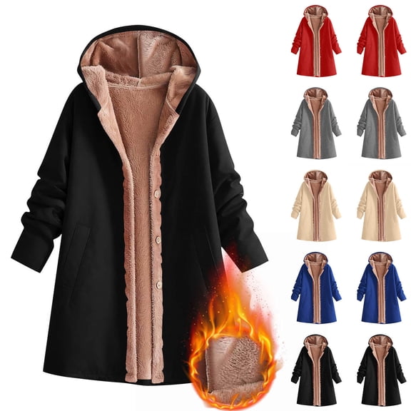 BiZtdJrK Fleece Lined Hooded Jackets for Women Mid Length Button Down Long Sleeve Casual Coats Warm Fall Winter Hoodie Coats with Pockets Black M