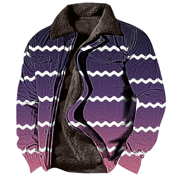 BiZtdJrK Fleece Lined Jacket for Men Long Sleeve Zipper Western Jackets Winter Warm Coats Striped Print Casual Heavyweight Sweatshirt Clearance Items For Women Purple XXXL
