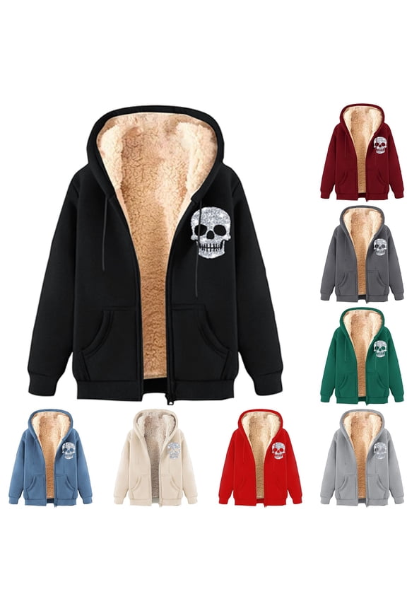 Fleece Lined Jackets for Women Casual Long Sleeve Zip Up Hoodies Fahion Graphic Printed Hooded Sweatshirt Jacket with Pockets Fall Clothes Prime Sales Wine XXL