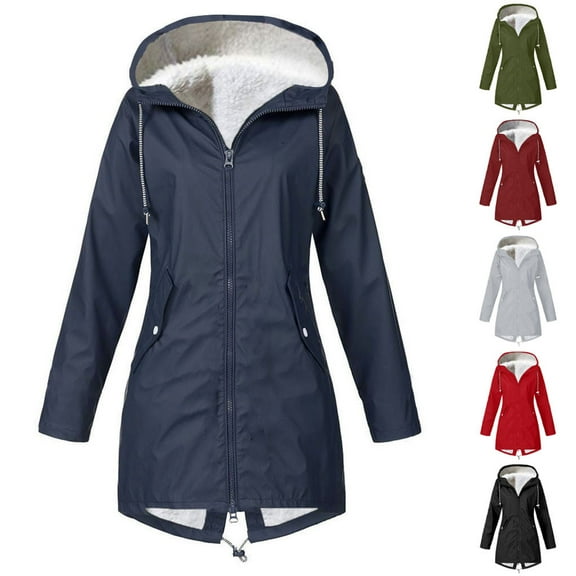 BiZtdJrK Fleece Lined Raincoat for Women 2025 Fall Winter Waterproof Rain Jacket with Hood Plus Size Solid Color Hiking Snow Coat Sales Today Gray M