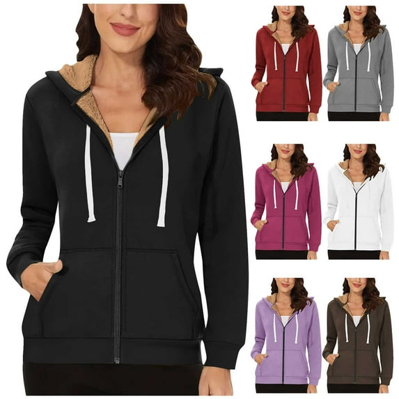 BiZtdJrK Fleece Lined Sweatshirts for Women Zip Up Long Sleece Hoodies Solid Color Casual Hooded Jackets Fall Winter Warm Sherpa Coats with Pockets Prime Sales Today Black M