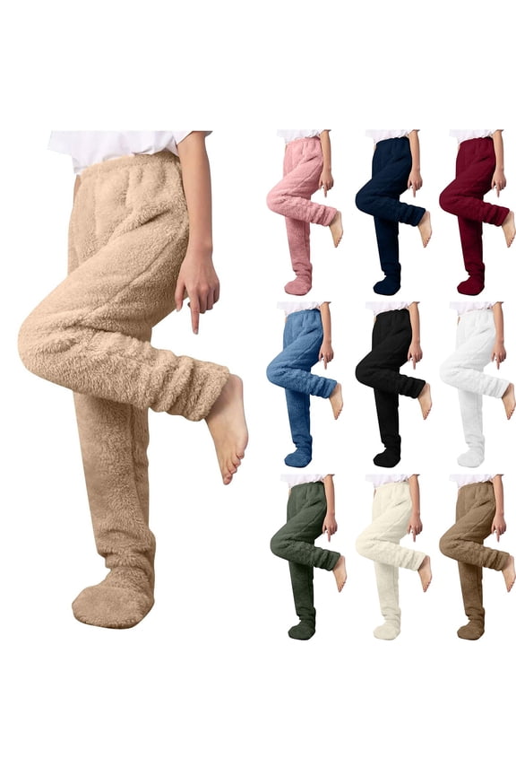Footed Pants Women Plus Size Fuzzy Fleece High Waist Pajama Bottoms Cozy Winter Warm Lounge Trousers Blue XL