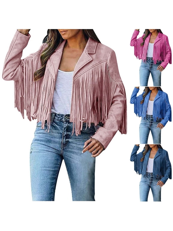 Womens Tassel Faux Suede Jackets Vintage Ethnic 70s Fringe Hippie Jacket 2025 Fashion Solid Motorcycle Cropped Coats Prime Sales Blue S