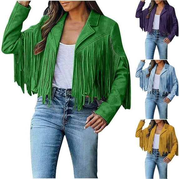 BiZtdJrK Fringed Jacket for Women Western Faux Suede Long Sleeve Cropped Coats Fashion Vintage Jackets with Tassel Light Blue XL