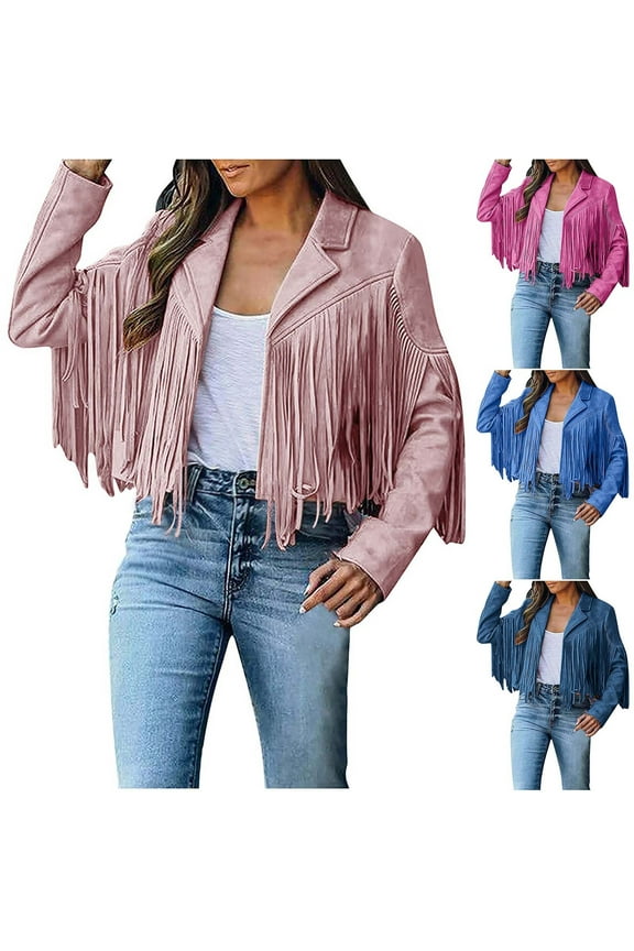 Fringed Jacket for Women Western Faux Suede Long Sleeve Cropped Coats Fashion Vintage Jackets with Tassel Pink S