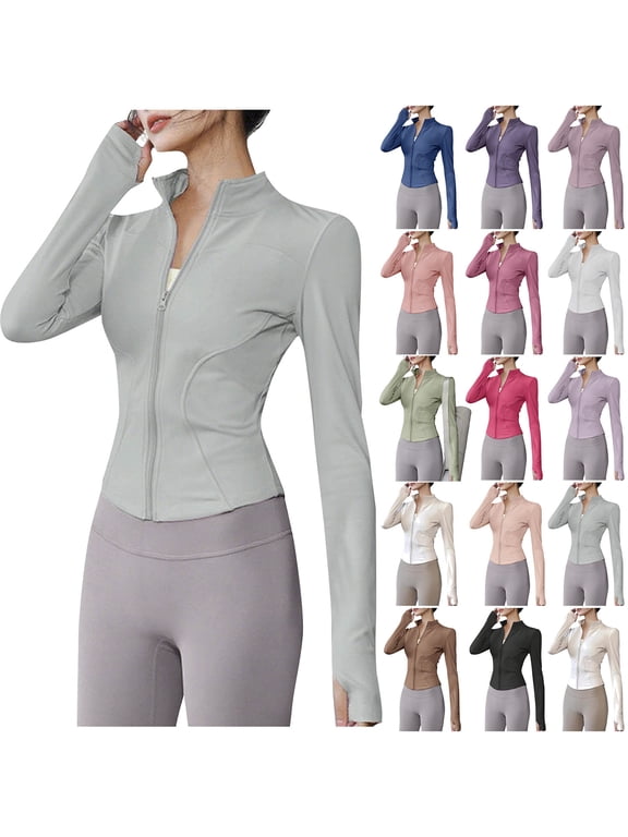 Full Zip Jacket for Women Stand Collar Long Sleeve Slim Fit Cropped Tops Stretch Gym Yoga Workout Jackets with Thumb Holes Pink M