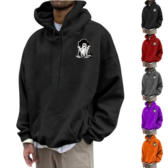 BiZtdJrK Funny Halloween Hoodie Sweatshirts for Men Long Sleeve Drawstring Holiday Pullover Tops Fashion Print Cool Streetwear with Front Pocket Todays Daily Sales Dark Gray XXXL