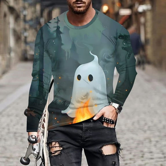 BiZtdJrK Funny Halloween T-Shirt for Men Long Sleeve 3D Ghost Print Shirts Big and Tall Scary Party Tee Tops New Cool Costume Tshirts Blue XL