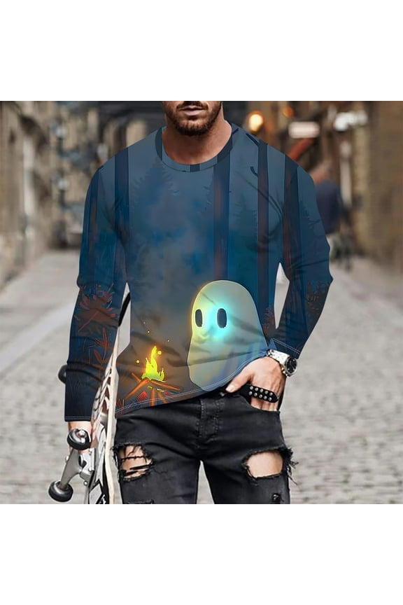 Funny Halloween T-Shirt for Men Long Sleeve 3D Ghost Print Shirts Big and Tall Scary Party Tee Tops New Cool Costume Tshirts Day Navy S