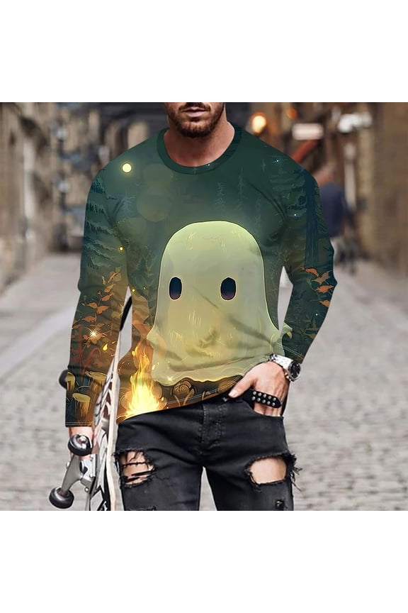 Funny Halloween T-Shirt for Men Long Sleeve 3D Ghost Print Shirts Big and Tall Scary Party Tee Tops New Cool Costume Tshirts Day Green S