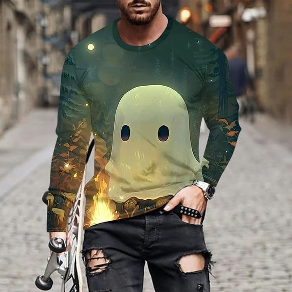 BiZtdJrK Funny Halloween T-Shirt for Men Long Sleeve 3D Ghost Print Shirts Big and Tall Scary Party Tee Tops New Cool Costume Tshirts Green XXXXL