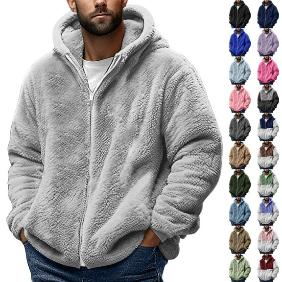 BiZtdJrK Fuzzy Fleece Coats for Men Big and Tall Zip Up Long Sleeve Sherpa Lined Jacket Fashion Drawstring Hooded Jackets Winter Outerwear Blue XXXL