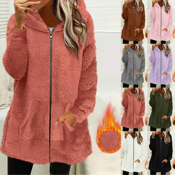 BiZtdJrK Fuzzy Fleece Coats for Women Mid Length Zip Up Long Sleeve Hoodie Jackets Cozy Fall Winter Hooded Outerwear with Pockets Orange S