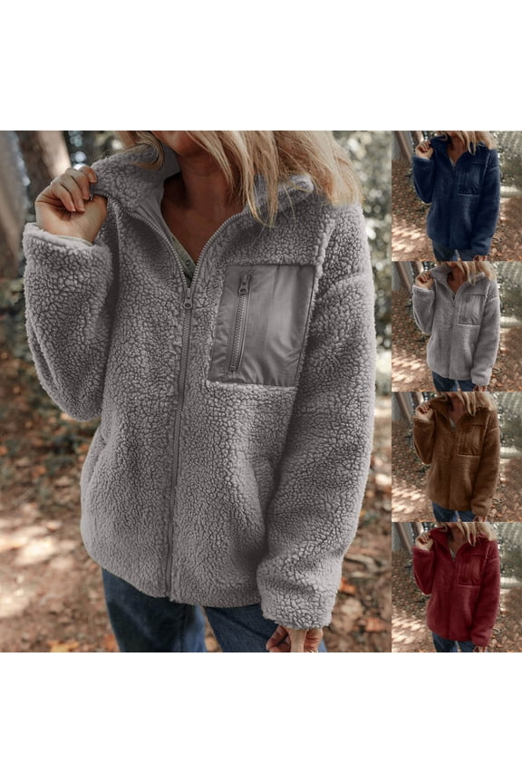 Fuzzy Fleece Jackets for Women Long Sleeve Zip Up Sherpa Coats Fall Winter Warm Plush Outerwear with Pockets Sale of The Day Prime Today Gray M