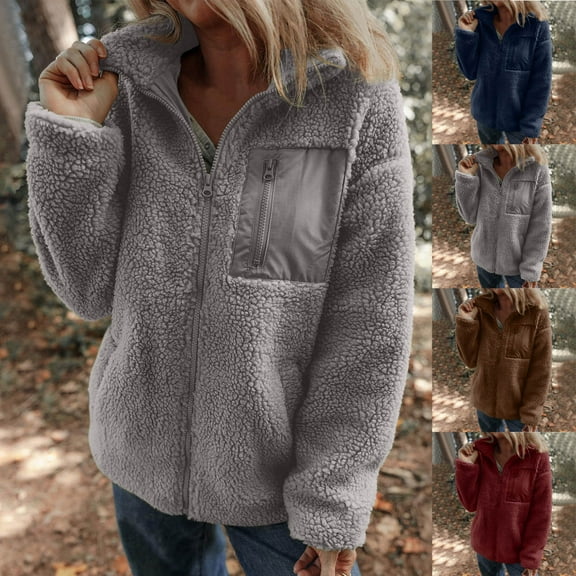 BiZtdJrK Fuzzy Fleece Jackets for Women Long Sleeve Zip Up Sherpa Coats Fall Winter Warm Plush Outerwear with Pockets Ofertas Flash Del Dia Gray S