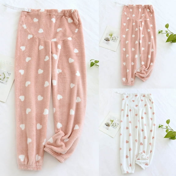 BiZtdJrK Fuzzy Maternity Pajama Pants for Women Adjustable Waist Comfy Plush Fleece Trousers Cute Heart Print Pregnancy Sleepwear Bottoms Pink L