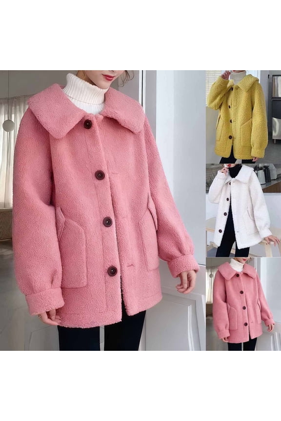 Fuzzy Sherpa Jackets for Women Lapel Button Down Long Sleeve Fleece Coats Elegant Casual Fall Outerwear with Pockets Pink XXL