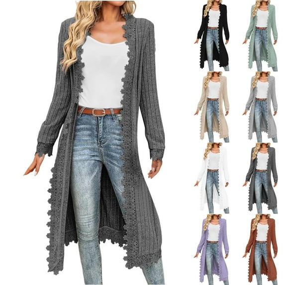BiZtdJrK Gifts for Mom! Ribbed Knit Long Cardigan Sweaters for Women Fall Trendy Long Sleeve Open Front Kimonos Lace Trim Cardigans Shirts Beige S