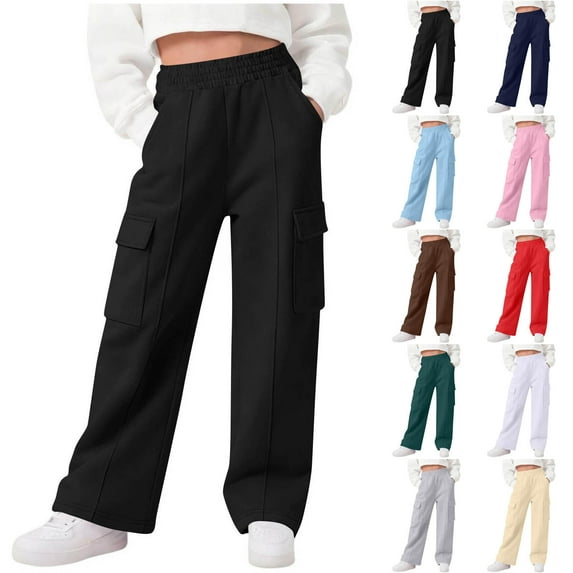 BiZtdJrK Girl's Cargo Sweatpants Fleece Lined Baggy Wide Leg Pants Solid Color Elastic Waist Workout Trousers with Multi Pockets Navy