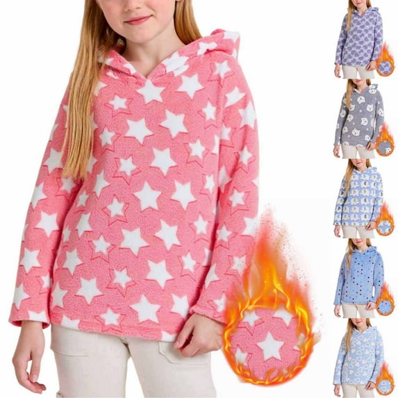 BiZtdJrK Girls Fuzzy Fleece Pullover Hoodies Casual Long Sleeve Cute Sweatshirt Winter Warm Sherpa Hooded Tops Lounge Pajamas, Gray, 4-5Years