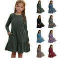 thumbnail image 1 of BiZtdJrK Girls Ribbed Long Sleeve Dress Solid Casual Crewneck A-line Tiered Pullover Midi Dress with Pockets Clothes for Teens, Army Green, 5 Years, 1 of 10