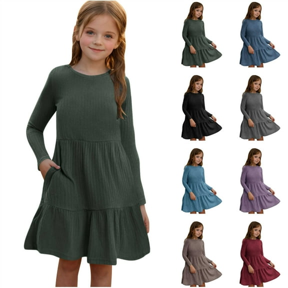 BiZtdJrK Girls Ribbed Long Sleeve Dress Solid Casual Crewneck A-line Tiered Pullover Midi Dress with Pockets Clothes for Teens, Army Green, 7 Years