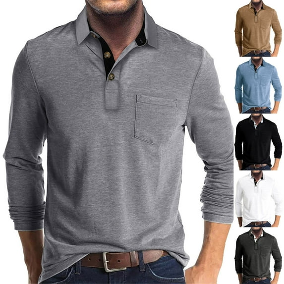 BiZtdJrK Golf Shirts for Men Lapel Long Sleeve Polos Shirt Button Up Stylish Casual Work Tees with Chest Pocket Black L