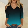 thumbnail image 1 of BiZtdJrK Gradient Color Top for Women 3/4 Sleeve Cold Shoulder V Neck Blouse Lightweight Going Out Summer T Shirts Prime Deals Sky Blue XL, 1 of 5