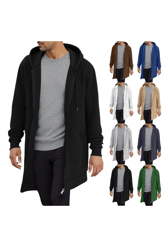 Gray Long Hoodies for Men Zip Up Flannel Fleece Oversized Tunic Long Sleeve Jacket Coats with Pockets L