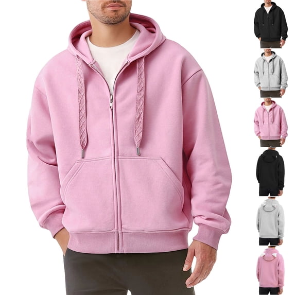 BiZtdJrK Gray Mens Drawstring Hoodies Zip Up Long Sleeve Jackets with Pockets Lightweight Casual Solid Color Hooded Sweatshirts L