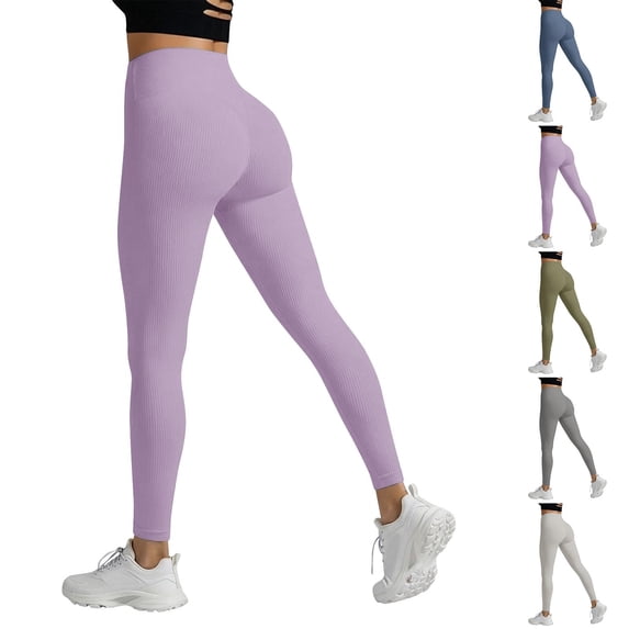 BiZtdJrK Gray Tight Leggings for Women Ribbed Knit High Waist Solid Color Casual Legging Full Length Lightweight Yoga Workout Pants L