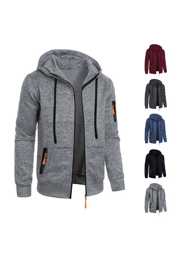 BiZtdJrK Gray Zip Up Jacket for Men Casual Hooded Drawstring Tactical Hoodies Fall Long Sleeve Warm Sweatshirt Jackets with Pockets L