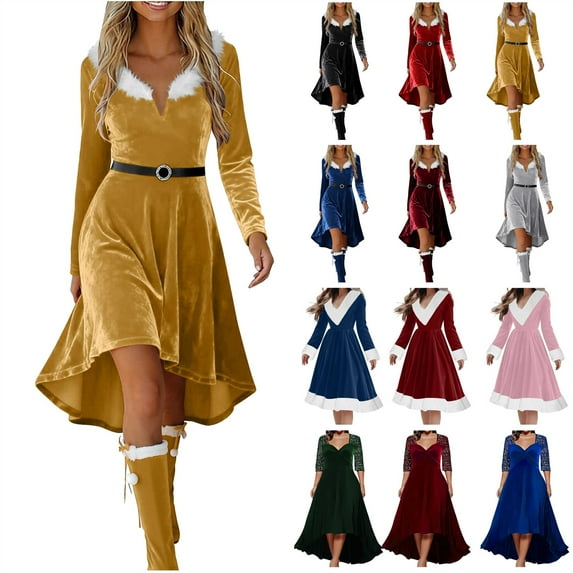 BiZtdJrK Green Christmas Dresses for Women Vintage Formal Cocktail Dress Furry V Neck Holiday Party Cosplay Costumes S