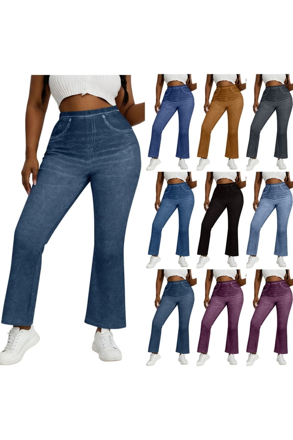 Gym Leggings for Women Denim Print Elastic High Waisted Flared Pants Stretch Running Yoga Workout Legging with Pockets Yellow XL