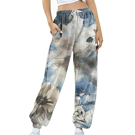 BiZtdJrK Gym Sweatpant for Women Floral Print Drawstring High Waist Casual Joggers Trendy Travel Sweat Pants with Pockets Multicolor S