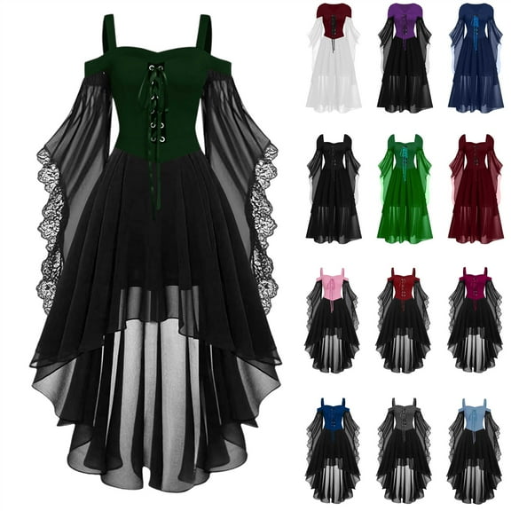 BiZtdJrK Halloween Costumes for Women Adult High Low Cocktail Formal Dresses Chiffon Patchwork Flared Sleeve Lace Up Corset Dress, Purple, M