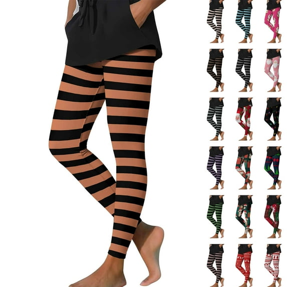 BiZtdJrK Halloween Striped Leggings for Women Funny Print High Waist Witch Tights Slim Fashion Street Legging Workout Yoga Pants Pink M