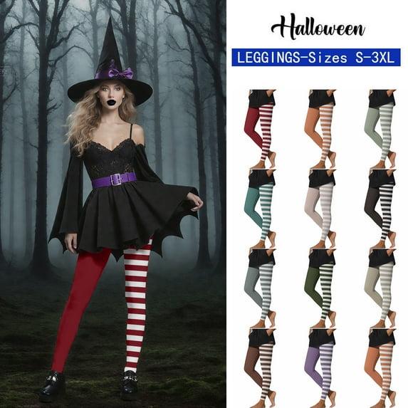 BiZtdJrK Halloween Witch Tights for Women Color Block Striped Leggings Teen Girls Fashion Party Dress Up Stretch Workout Legging Red L