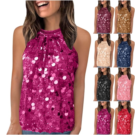 BiZtdJrK Halter Sequin Tank Tops for Women Sparkly Ruched Party Tops Sleeveless Glitter Clubwear Camisole Shirts Beige XXL