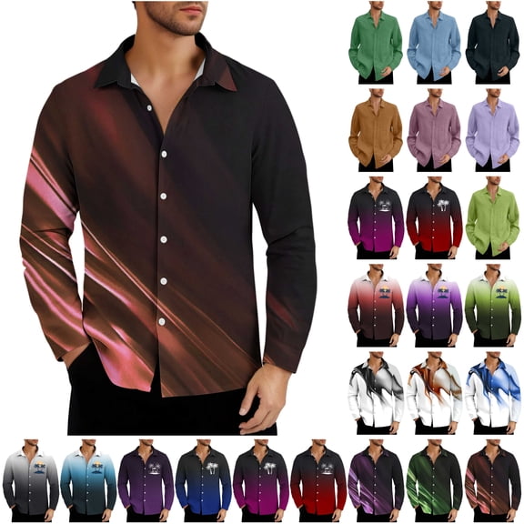 BiZtdJrK Hawaii Shirts for Men Digital Print Long Sleeve T-Shirts Casual Button Down Laple Tops Summer Linen Blouses Holiday Vacation Outfits Blue L Today's Lightning Sales