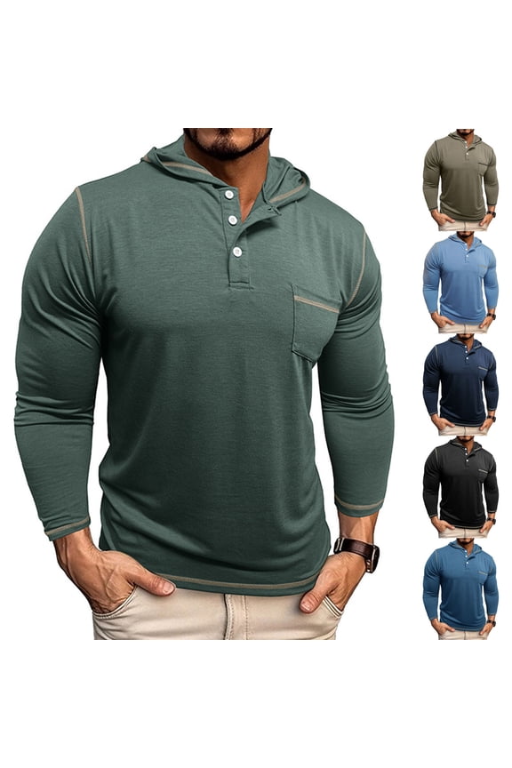 BiZtdJrK Henley Hoodie Shirts for Men Casual Long Sleeve Pullover Fall Winter Hooded Sweatshirt with Pocket, Blue, XXL