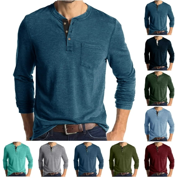 BiZtdJrK Henley Shirts for Men Cotton Long Sleeve Shirt Casual Button Down V Neck Pullover 2025 Loose Fit Work Tops with Pocket Gray S Clearance Sales Today Sales Prime