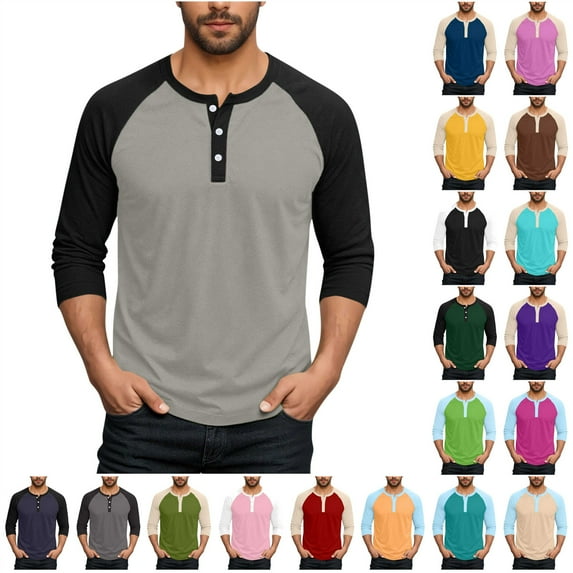 BiZtdJrK Henley Shirts for Men Fall Crewneck Color Block Slim Fit Long Sleeve T Shirts Casual Button Up Cotton Athletic Tee Tops White XXXXXL