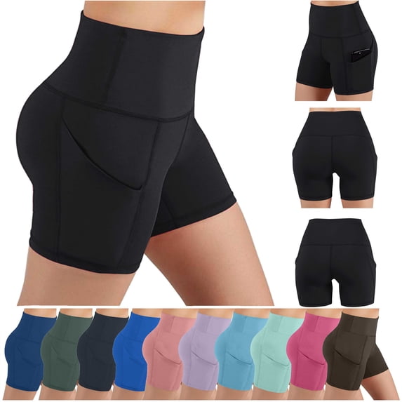 BiZtdJrK High Waist Yoga Shorts for Women's Tummy Control Fitness Athletic Workout Running Shorts with Deep Pockets Gray L