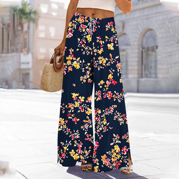 BiZtdJrK High Waisted Wide Leg Pants for Women Boho Printed Drawstring Loose Casual Pants Flowy Beach Vacation Pants with Pockets Black M