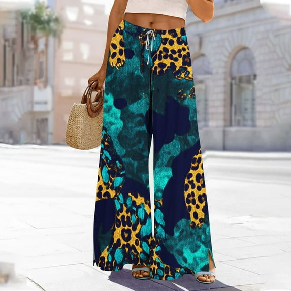 BiZtdJrK High Waisted Wide Leg Pants for Women Boho Printed Drawstring Loose Casual Pants Flowy Beach Vacation Pants with Pockets Multicolor M
