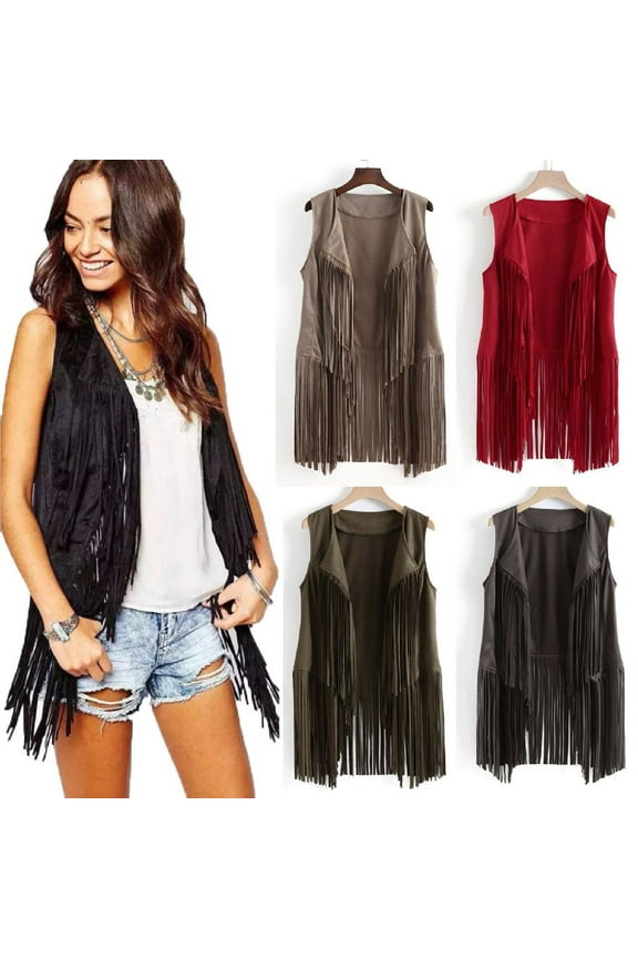 Hippie Clothes for Women Fashion Faux Suede Tassels Vest Solid Casual Sleeveless Fringe Jackets Fall Open Front Cardigans Lightning Sales of Today Prime Red S