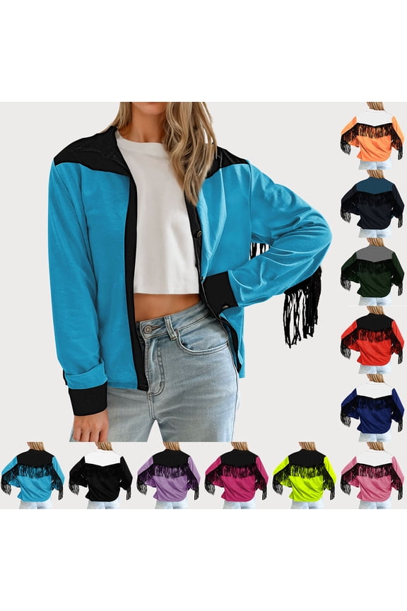 Hippie Clothes for Women Vintage Fringe Jackets Casual Button Lapel Long Sleeve Cardigans Trendy Colorblock Tassel Coat Going Out Tops Back to College Sales Army Green M