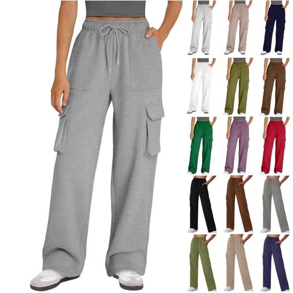 BiZtdJrK Holiday Sales Women's High Waisted Sweatpants Baggy Casual Drawstring Wide Leg Cargo Pants Solid Color Straight Lounge Trousers with Pockets Green M